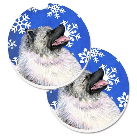 Carolines Treasures Keeshond Winter Snowflakes Holiday Set of 2 Cup Holder Car Coaster SS4626CARC